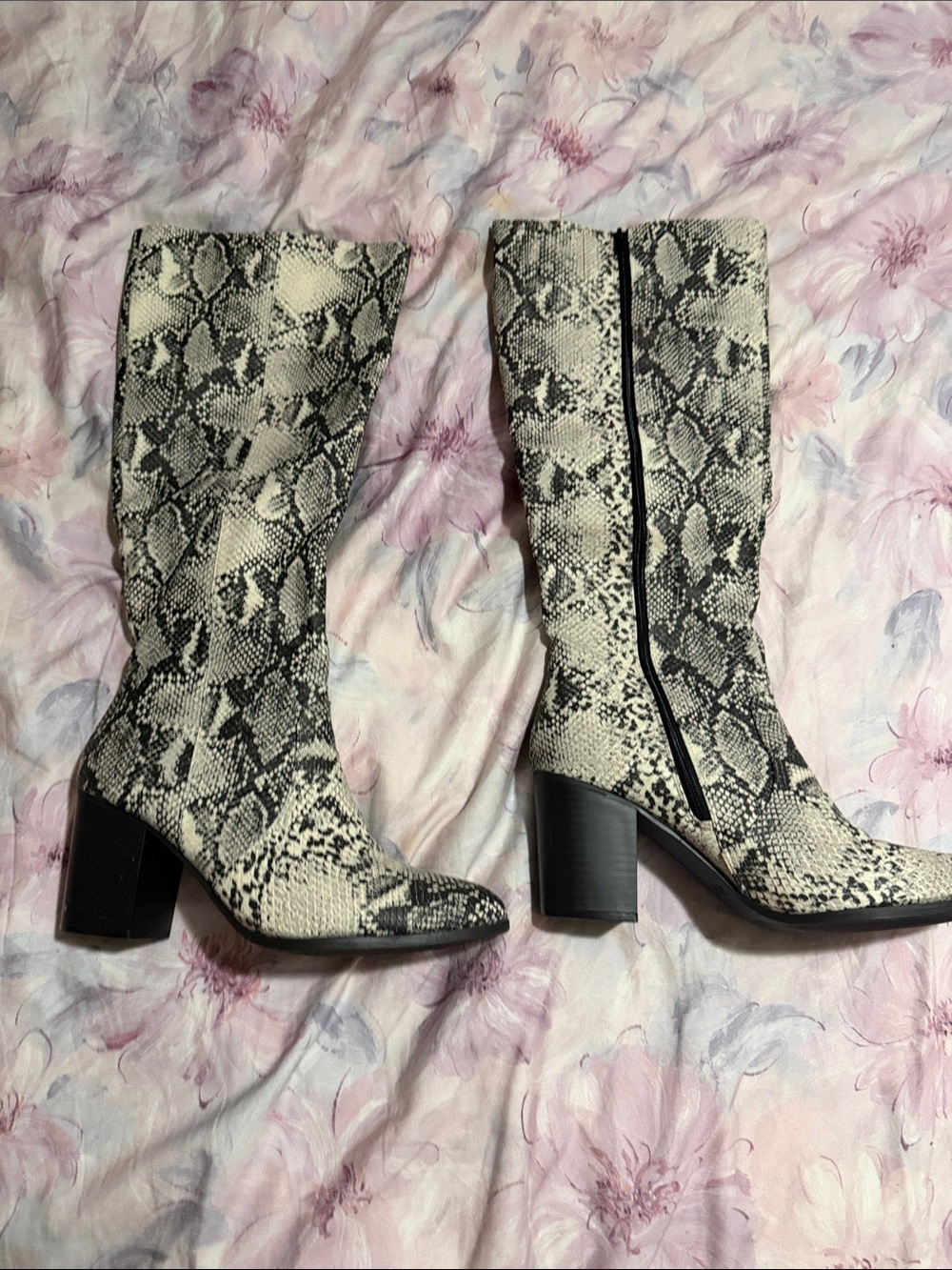 Qupid Black & White Snake-Print Mid-Calf Block Heel Boots